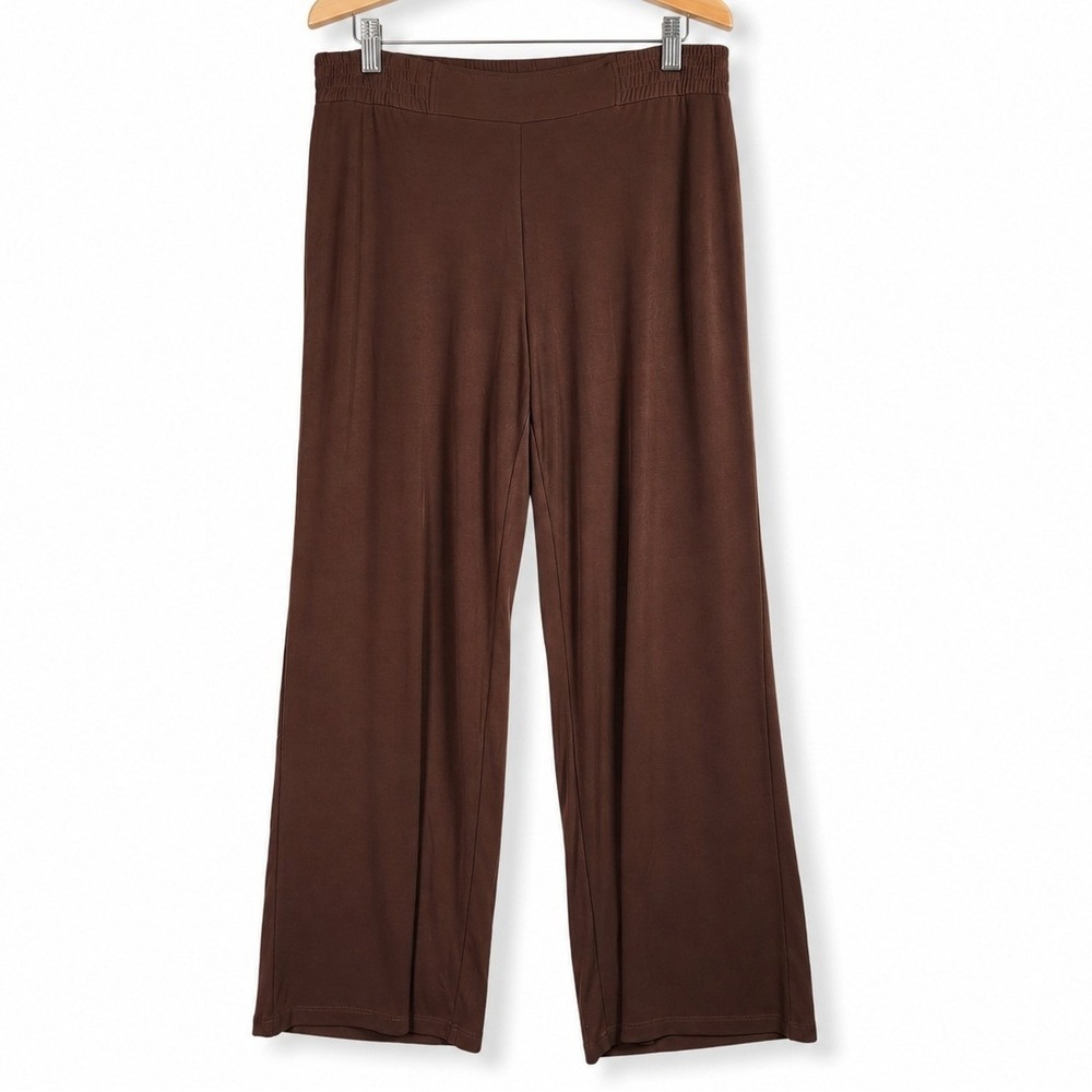 Susan Graver Womens Large Sweet Brown Liquid Knit Wide Leg Pants Waist A644504